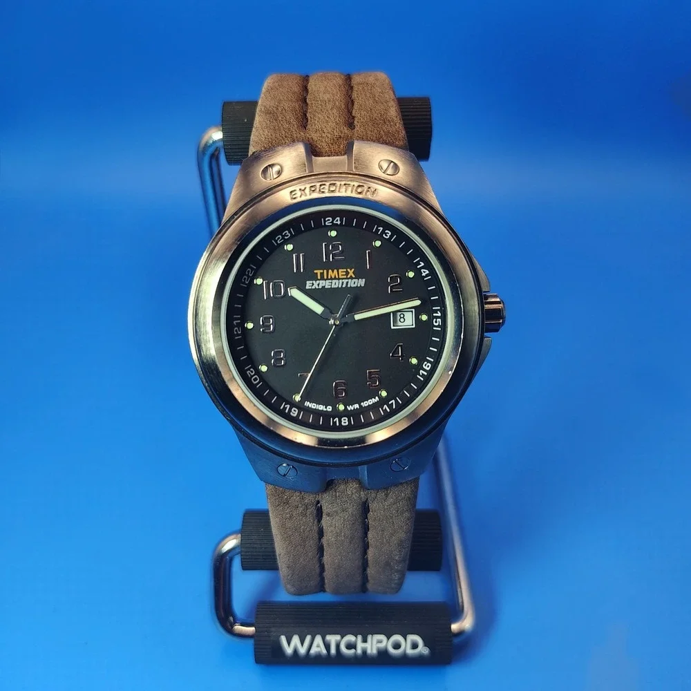 Vintage 2009 Timex Expedition Indiglo Date 49mm Mens Quartz Watch Leather 5-7.75